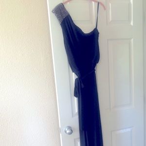 Dressy pants outfit. Navy with shoulder embellishment. Size 14